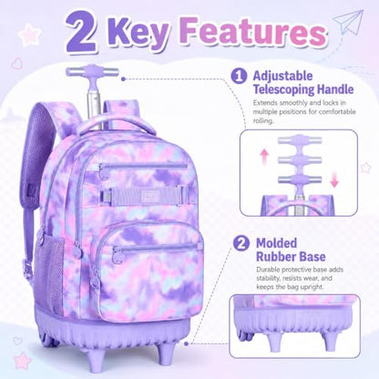 3Pcs Rolling Backpack for Girls Women, Travel Roller Backpacks with Wheels for Adults, Teens College Tie-Dye Wheeled Bookbag with Lunch Box(Purple) - color: Pink Purple