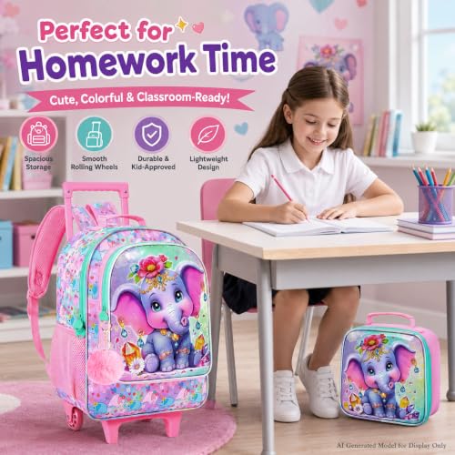 3Pcs Rolling Backpack for Girls, Kids Roller School Backpack with Wheels, Elephant Wheeled Bookbag for Elementary Preschool Kindergarten(Pink) - color: Elephant Pink