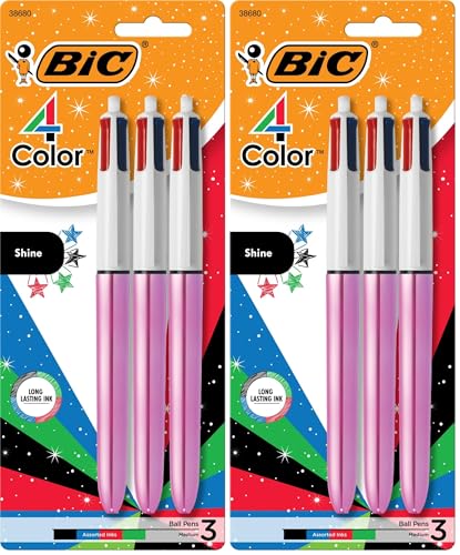 BIC 4 Color Shine Retractable Ballpoint Pen with 1.0 mm Point and Wide Barrel,in Assorted Ink,(Pack of 6) - color: 4 Colors (Black, Blue, Green, Red Ink), size: 1 Count (Pack of 6)