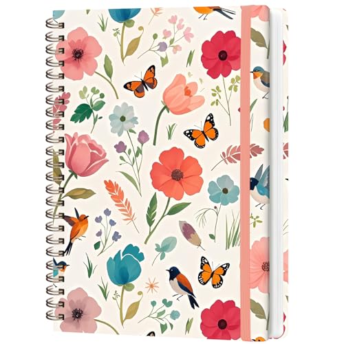 A5 Lined Spiral Journal Notebook, 146 Pages Hardcover Notebook with 100 GSM Thick Paper, Inner Pocket & Elastic Closure, 5.7" x 7.9", Notebooks for Work, School, College, Office, Journaling & Note Taking - color: Flower-A
