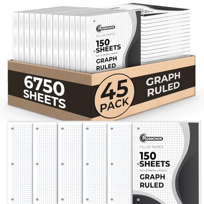 Rosmonde 6750 Sheets Graph Paper Bulk, 45 Pack, Bulk Grid Paper, 4x4, 8" x 10.5", Bulk Loose Leaf Paper, Thick Graphing Paper, Fights Ink Bleed, 3 Hole Punched, Quad Ruled Sheets, Bulk School Supplies - size: 45 Pack (6750 Sheets)