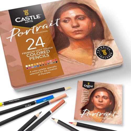 Castle Arts Themed 24 Coloured Pencil Set in Tin Box, perfect colours for ‘Portraits’. Featuring, smooth coloured cores, blending & layering - Ideal for Drawing, Sketching and Colouring - color: Portrait