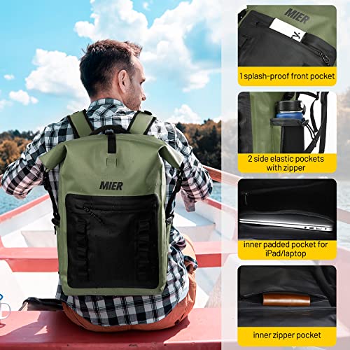 MIER Roll Top Waterproof Backpack Floating Dry Bag for Men Women | Heavy Duty Dry Sack, Cushioned Back, Multi-Pockets, Adjustable Chest Strap,For Kayaking Beach Boating Swimming Hiking Travel - color: Army Green/Black
