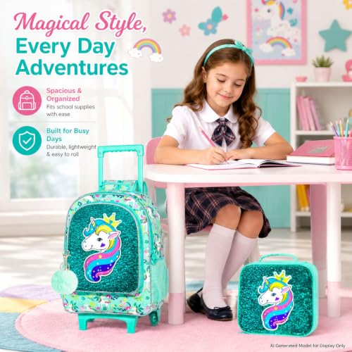 gxtvo Rolling Backpack for Girls, Kids Roller Wheels Bookbag - Roller Elementary Sequin School Bag - 3PCS Unicorn Green