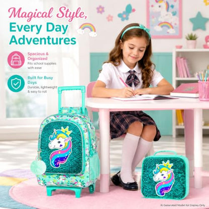 gxtvo Rolling Backpack for Girls, Kids Roller Wheels Bookbag - Roller Elementary Sequin School Bag - 3PCS Unicorn Green