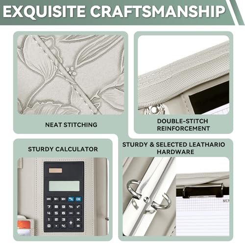 Leathario Portfolio Binder, Includes 5 Sheet Protectors and a Pen, 13 Inch Tablets Organizer, Vegan Leather A4 Padfolio, Multi-Pocket Notepad Business Planner Professional Document - color: Relief White