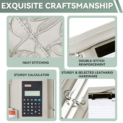 Leathario Portfolio Binder, Includes 5 Sheet Protectors and a Pen, 13 Inch Tablets Organizer, Vegan Leather A4 Padfolio, Multi-Pocket Notepad Business Planner Professional Document - color: Relief White
