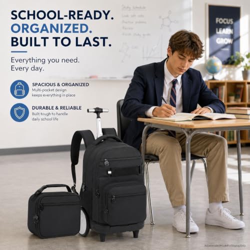 3Pcs Large Rolling Backpack for Teen Boys Men, 20 Inch Detachable Wheeled Bookbag with Lunch Box, Durable Oxford Cloth Roller Backpack for College School Travel (Black) - color: Large Wheels Classic Black