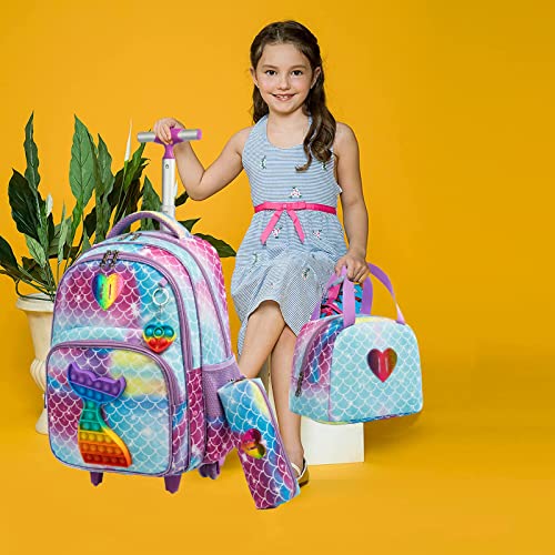 School Kids Rolling Backpack for Girls With Wheels Trolley Wheeled Backpack - color: Blue-220224-l