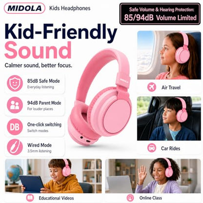 MIDOLA Kids Bluetooth Headphones 68H Play Time,Volume Limit 85/94dB, Foldable Lightweight Wireless Over-Ear Headphone for Toddler Kid Child Pad,Headsets with Aux Built-in Mic Pink - color: Pink