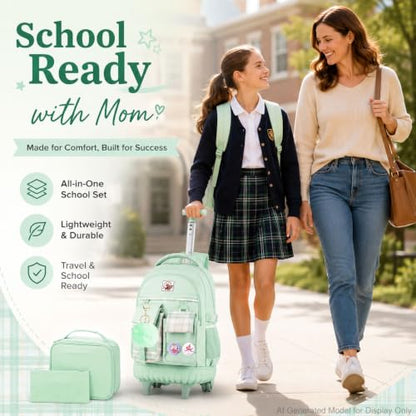 gxtvo 3PCS Womens Rolling Backpack for Girls, Wheeled Bookbag with Lunch Box for Adults, Water Resistant Roller School Bag for College Teens Kids Travel - Green - color: 3pcs Set Green