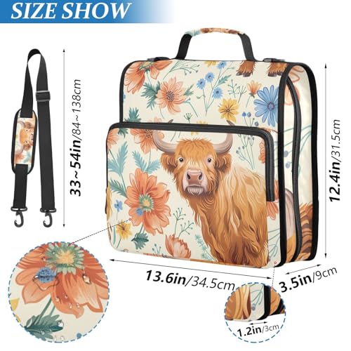 ALAZA Cow and Flowers Zipper Binder 1.5 inch 3 Ring Binder Organizer with Shoulder Strap and Handle for Home Office Work