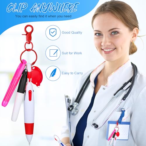 Chinco 30 Pcs Retractable Shuttle Pen Clip with Mini Highlighter Nurse Badge Pen Neon Marker LED Keychain Ring Clip - color: Pink, style: Bright