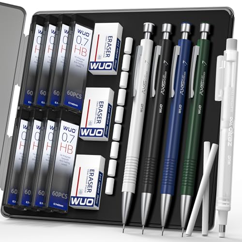 WUO 0.7mm Mechanical Pencil Set with Case, 4PCS Metal Mechanical Pencils with Eraser Pen, 480 HB Lead Refills, 3 Erasers, 11 Eraser Refills, Artist Drafting Pencils for Writing, Drawing, Sketching