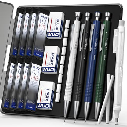 WUO 0.7mm Mechanical Pencil Set with Case, 4PCS Metal Mechanical Pencils with Eraser Pen, 480 HB Lead Refills, 3 Erasers, 11 Eraser Refills, Artist Drafting Pencils for Writing, Drawing, Sketching