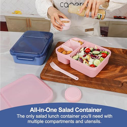 Caperci 2 Pack Salad Containers - Extra-Large 62oz Bento Lunch Box for Adults, 2-Compartment Meal Prep Container with Removable Toppings Tray, Sauce Cup, Reusable Fork, BPA-Free (Navy & Pink) - color: Navy Blue & Pink