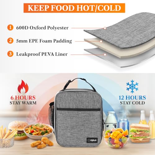 opux Insulated Lunch Bag for Kids Boys Girls, Small Compact Lunch Box with Wide Opening & Mesh Pockets, Reusable Lunch Pail for School, Work, Adults, Men, Women, Light Grey - color: Light Grey