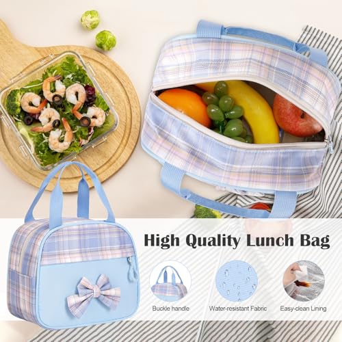 Bevalsa Rolling Backpack for Girls, Roller Backpack with Wheels, Cute Bow Plaid Wheeled School Bookbag Set with Lunch Bag & Pen Case, Suitcases for Kids Teens Elementary Middle Student (Blue) - color: Blue Plaid