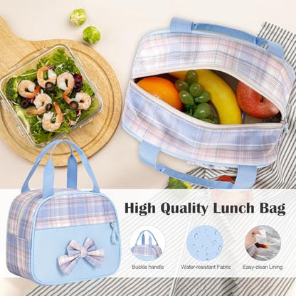Bevalsa Rolling Backpack for Girls, Roller Backpack with Wheels, Cute Bow Plaid Wheeled School Bookbag Set with Lunch Bag & Pen Case, Suitcases for Kids Teens Elementary Middle Student (Blue) - color: Blue Plaid