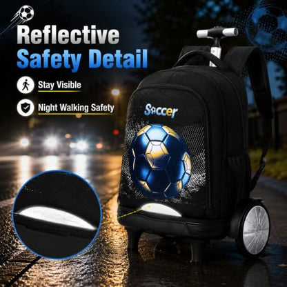 gxtvo Large Wheels & Quiet Glide | Rolling Backpack for Kids - Water-Resistant Wheeled Bag with Lunch Box for School, Travel & Outings - Black Gold Soccer - color: Rolling Backpack Gold Soccer Black