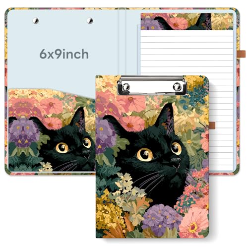 A5 Clipboard Folio with No-Spiral Design, 6x9 in Refillable Notepad Portfolio, 12 Cute Cat & Marble Floral Designs Travel-Friendly for Work, School, Garden Cat - color: Garden Cat