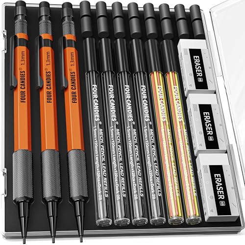 Four Candies 1.3mm Mechanical Pencil Set with 72 Lead Refills, 3PCS, Orange | 72 Refills (Red Yellow Black), 3 Erasers, Heavy Duty, Weatherproof Body for Adult Outdoor Construction Woodworking Marking - size: 3-Pack, style: Orange