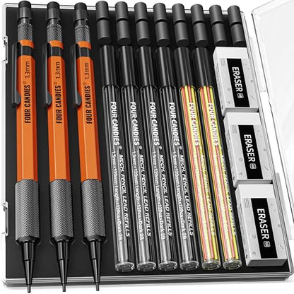 Four Candies 1.3mm Mechanical Pencil Set with 72 Lead Refills, 3PCS, Orange | 72 Refills (Red Yellow Black), 3 Erasers, Heavy Duty, Weatherproof Body for Adult Outdoor Construction Woodworking Marking - size: 3-Pack, style: Orange