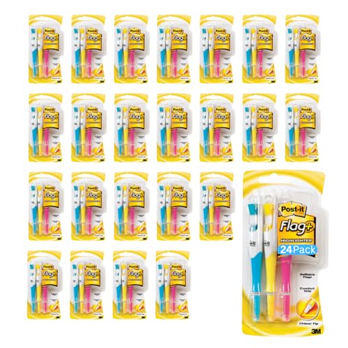 Post-it Flags + Highlighter 3-Piece set, 24-Pack, Model 689-HL3 | 50 Color Coordinated Flags + 3 Highlighters per set, 72 Total Count - style: 24 Pack