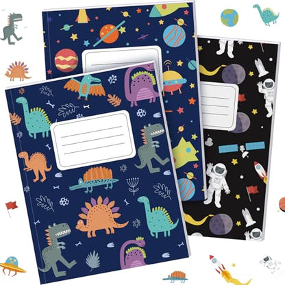 Affrolling 3 Pack Composition Notebooks Wide Ruled for Kids Boys Dinosaur Space Cute Composition Notebook 200 Page 7-1/2" x 9-3/4" Blue Journal Back to School Gift for Teen Student First Day of School