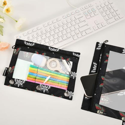 2 Pack 3 Ring Binder Pencil Pouch Gothic Butterfly Skull Pencil Case Pencil Bags with Zipper, Clear PVC Binder Pockets for Office Daily Supplies - color: Color 10