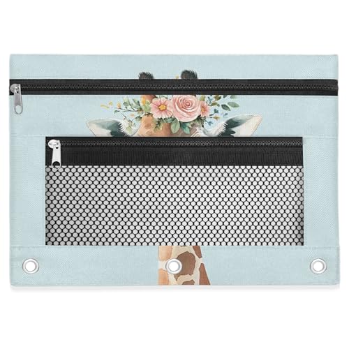Cute Giraffe Pencil Pouch for 3 Ring Binder wreath Floral Pencil Case Bag with Clear Window Zipper Pockets for Kids Girls Boys Students School College Supplies 2 Pack - color: Blue Brown