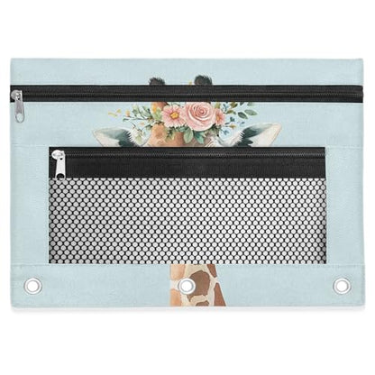 Cute Giraffe Pencil Pouch for 3 Ring Binder wreath Floral Pencil Case Bag with Clear Window Zipper Pockets for Kids Girls Boys Students School College Supplies 2 Pack - color: Blue Brown