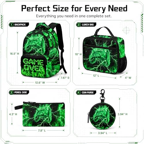 Game Backpack Set for Boys Kids – 17" Large Capacity Gaming School Bag with Lunch Box, Pencil Bag and Coin Purse (Green) - color: Green-1