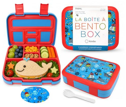 kinsho Bento Lunch Box for Kids Toddlers Boys, 5 Portion Sections Secure Lid, Microwave Safe BPA Free Removable Tray, Pre-School Kid Daycare Lunches Snack Container Ages 3 to 5, Blue Pirates - color: Blue Pirate Bento