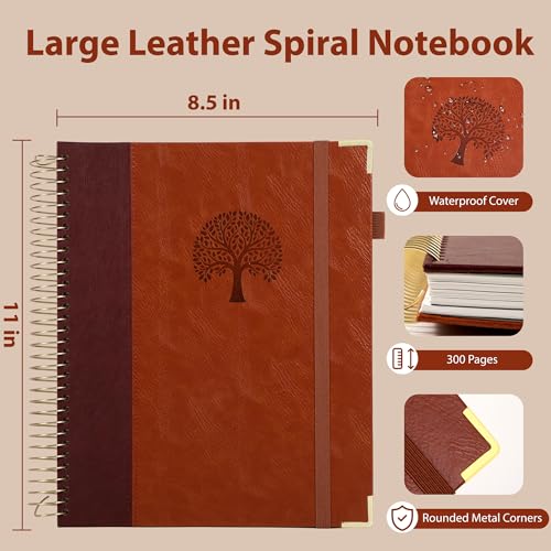 Yoment Hardcover Spiral Notebook 8.5" x 11" Leather 5 Subject Notebook College Ruled with Dividers Tabs 300 Pages Large Spiral Journal Notebooks for Work School Note-Taking Business, Brown - color: Brown