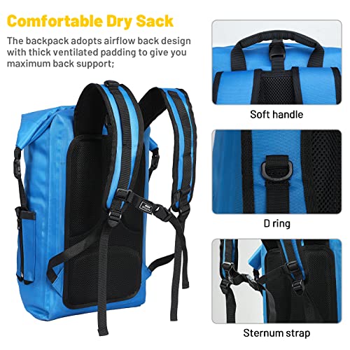 MIER Roll Top Waterproof Backpack Floating Dry Bag for Men Women | Heavy Duty Dry Sack, Cushioned Back, Multi-Pockets, Adjustable Chest Strap,For Kayaking Beach Boating Swimming Hiking Travel - color: Blue