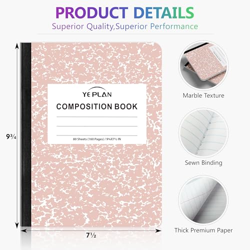 Yeplan Composition Notebooks 4 pack, Wide Ruled Notebook Paper, 9 3/4" x 7 1/2", 80 Sheets/160 Pages, Aesthetic Marble Composition Notebook for School & Office Supplies (4, Pastel Marble Colors) - color: 4 Pastel Marble Colors
