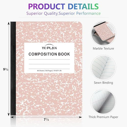 Yeplan Composition Notebooks 4 pack, Wide Ruled Notebook Paper, 9 3/4" x 7 1/2", 80 Sheets/160 Pages, Aesthetic Marble Composition Notebook for School & Office Supplies (4, Pastel Marble Colors) - color: 4 Pastel Marble Colors