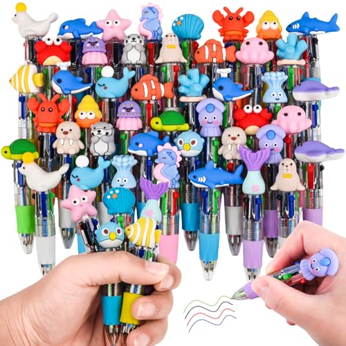 50 Pcs Under the Sea Party Favor Multicolor Pen in One Cute 4-in-1 Pens Bulk Kawaii Dolphins, Sea Lions, Whales, Seals, Sea Turtles, Sea Fish, Corals Shapes Ballpoint Pens for Fun Gifts