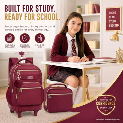 HPJGD 3PCS Girls Rolling Bookbag, Womens Wine Red School Backpacks with Wheels, Water Resistant Roller Kids Wheeled Bookbag Set - color: Classic Wine Red Rolling Backpack Set