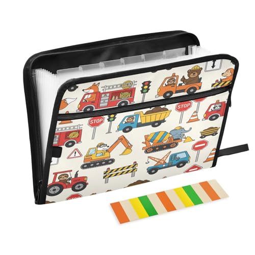 Colorful Construction Truck 13 Pocket File Organizer Expanding File Folder with Front Pouch Portable Business File Storage Document Organizer Folder with Zipper - color: Colorful Construction Truck