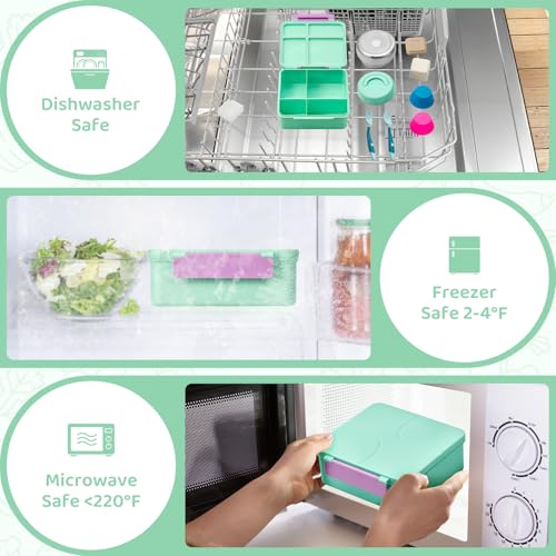 JSLOVE Bento Lunch Box with Leak Proof Thermos Food Jar for Kids, Food Lunch Containers for Girls with 4 Compartments, BPA-Free with Utensils, Food Picks, Sauce Jar & Silicone Lunch Box Dividers - color: Green