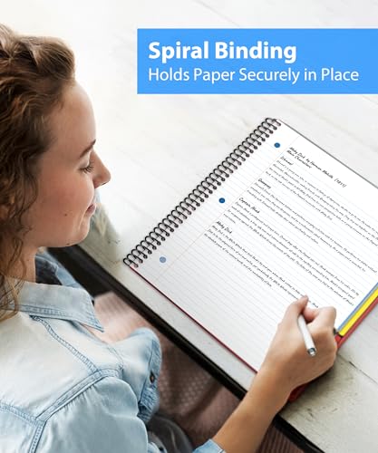 Dunwell 3-Subject Spiral Notebook College Ruled 8.5x11 (Red), 150 Sheets (300 Pages), Tabs, Color Movable Divider Pockets, Protective Plastic Covers, 3-Hole Punched Tear-Off Paper - color: Red