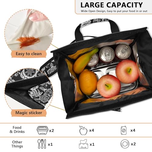 MNSRUU Insulated Lunch Bags Women Men, Abstract Floral Skulls Portable Reusable Thermal Meal Tote Cooler Bag Organizer, Adjustable Shoulder Strap, Handle - color: Skulls 035