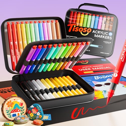 Tisoso 36 Colors Acrylic Paint Markers with Canvas Bag, Water-Based No-Bleed Paint Pens with Automatic Ink Control, Waterproof Brush Tip Markers for DIY Art & Crafts -Rock, Wood, Fabric,Glass, Metal - color: 36 Colors