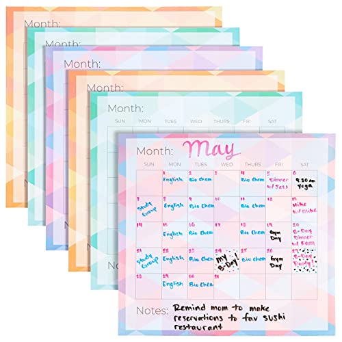 Paper Junkie 6-Pack Undated Monthly Adhesive Peel and Stick Calendar, Dry Erase Reusable Calendar for Wall, Home Office Schedule Reminders, Memo Notes, 3 Assorted Colors (13.75x12.8 in)