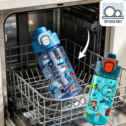 Flip, Bite and Sip 3-in-1 Straw Kids Water Bottle, Leak-proof, 13oz | Sturdy and Drop-resistant, with Handle, BPA Free, Dishwasher Safe, Perfect for School, Travel, and Home - color: Dinosaur