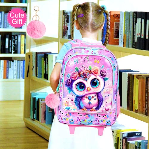 3Pcs Rolling Backpack for Girls, Owl Kids School Backpacks with Wheels, Roller Bookbag with Lunch Box for Elementary Preschool(Pink) - color: Owl Pink