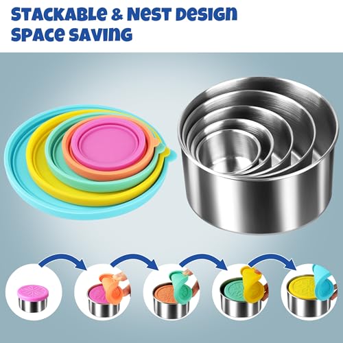 18/8 Stainless Steel Food Snack Storage Containers(5 Pack: 2/4/8/14/24oz) | Stackable, Leakproof Lunch Box with Silicone Lid, for Kids and Toddler Home School Use - color: 5 Pack(Blue, Yellow, Green, Orange, Purple)
