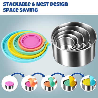 18/8 Stainless Steel Food Snack Storage Containers(5 Pack: 2/4/8/14/24oz) | Stackable, Leakproof Lunch Box with Silicone Lid, for Kids and Toddler Home School Use - color: 5 Pack(Blue, Yellow, Green, Orange, Purple)